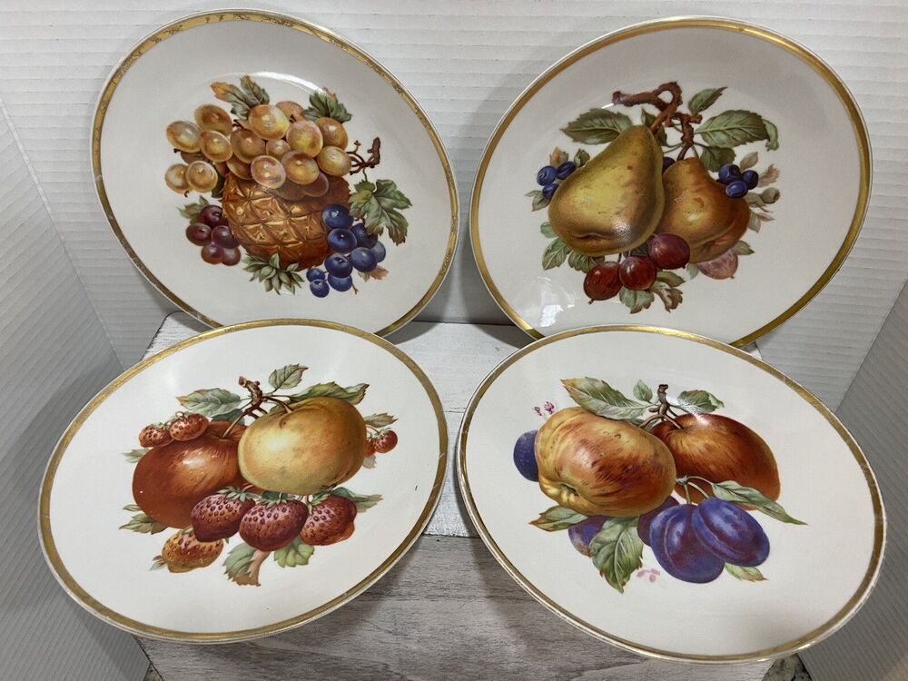 Mitterteich Snack/Dessert Plates Fruit Pattern 7.5" Vintage Gold Trim Set Of 4